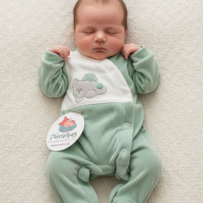 Bebé a dormir com macacão verde e branco com ursinho bordado.