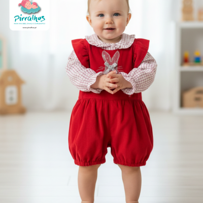 Bebé com fato vermelho e camisola branca às riscas vermelhas