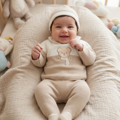 Bebé sorridente de roupa bege de malha com urso, deitado em almofada bege macia dentro de berço com peluches.