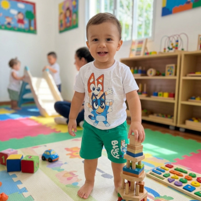 Criança em sala de jogos segurando torre de blocos de madeira coloridos