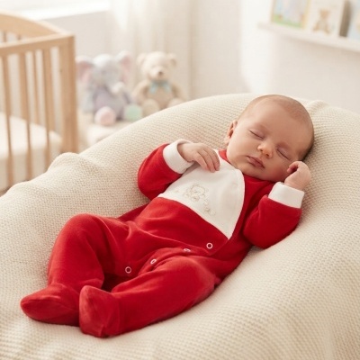 Bebé adormecido vestido com fato de pijama vermelho e branco numa almofada beige.