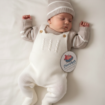 Bebé a dormir vestido com fato de malha bege e branco com etiqueta da marca Pirralhos
