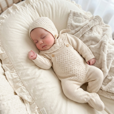 Bebé dormindo com roupa de malha creme e gorro, deitado numa almofada creme com babados e cobertor bege claro.
