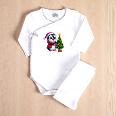 Body branco para bebé com estampa de pinguim e árvore de Natal