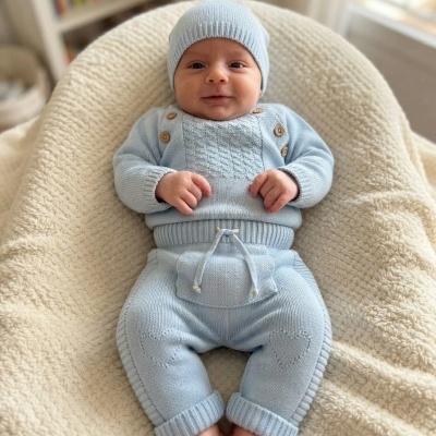 Roupa bebé azul clara de malha com gorro, camisola e calças com padrões de coração e botões de madeira
