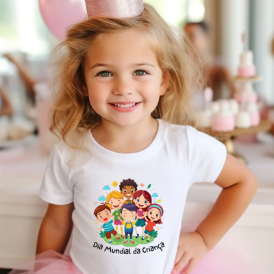 Menina com camisola branca estampada e saia rosa em festa infantil