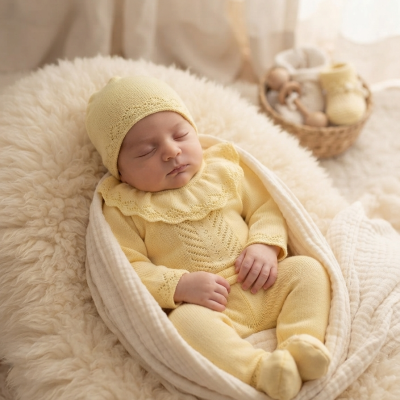 Bebé a dormir com roupa de malha amarela deitado numa almofada branca e manta de pêlo.
