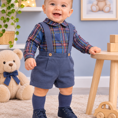 Bebé com roupa azul e xadrez num quarto infantil com brinquedos.