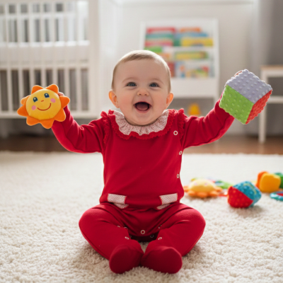 Bebé com fato vermelho a brincar sentado num tapete felpudo com brinquedos coloridos