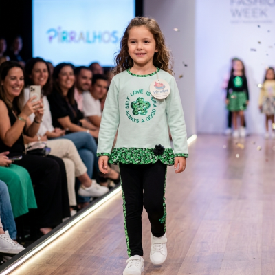 Criança modelo a desfilar roupa infantil verde e preta na Kids Fashion Week.