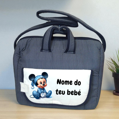 Mala azul escura com bolso branco e personagem Mickey bebé