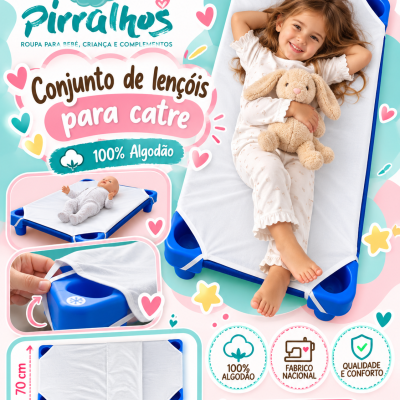 Conjunto de lençóis branco para catre com elásticos, catre azul, criança com peluche.