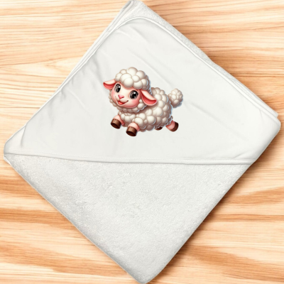 Toalha branca para bebé com desenho de cordeiro colorido