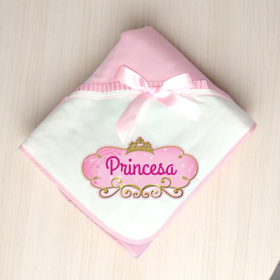 Toalha de bebé branca e rosa com laço e bordado 'Princesa'