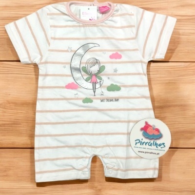 Macacão curto para bebé com padrões listrados bege e branco e ilustração de fada na lua
