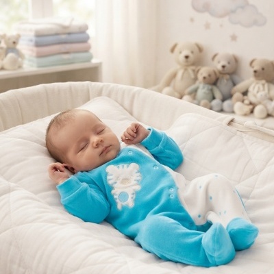 Bebé a dormir em pijama azul com padrão de ursinho, num colchão branco, com ursinhos de peluche ao fundo.