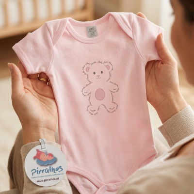 Body rosa claro para bebé com estampa de ursinho em texto e detalhes cor de rosa.