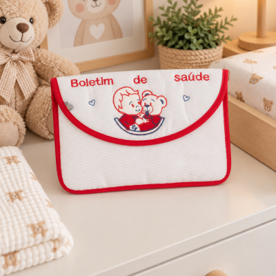 Bolsa de tecido branco com bordas vermelhas e texto Boletim de saúde