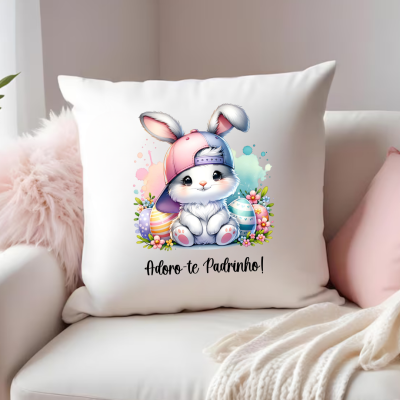 Almofada branca com coelho fofo em boné e texto Adoro-te Padrinho