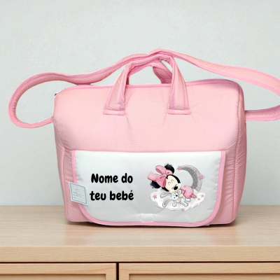 Bolsa de bebé rosa e branca com imagem da Minnie Mouse e texto personalizável