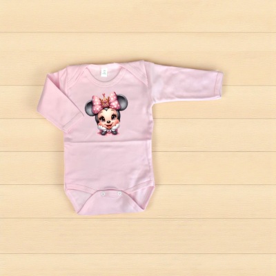 Body de bebé rosa com estampa Minnie Mouse e laço cor-de-rosa.