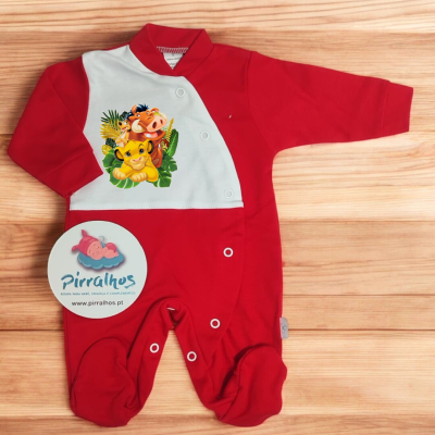 Macacão de bebé vermelho e branco com estampado de personagens da selva