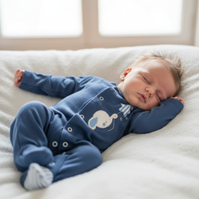 Bebé a dormir com fato azul com elefante no peito