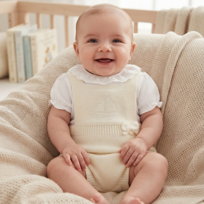 Bebé vestido de branco e creme sentado em manta de malha bege num sofá, com berço e livros ao fundo.