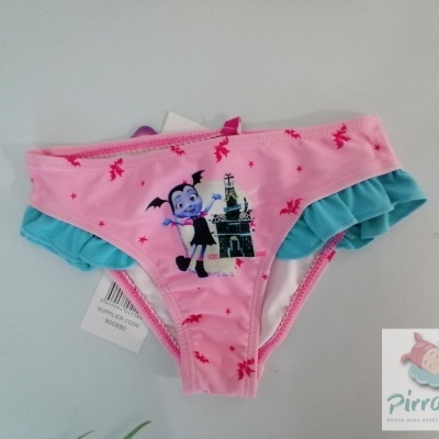 Calções de banho infantis rosa com personagem Vampirina e folhos azuis