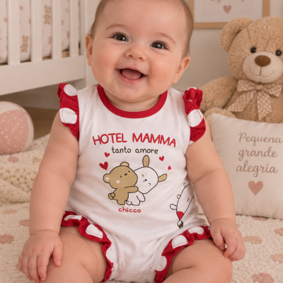 Body de bebé branco com estampado de ursinho e coelho e texto, em quarto infantil com peluche e almofada.