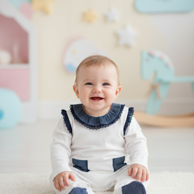 Bebé sentado com macacão branco e detalhes azuis com padrão de pontos, em tapete creme, com decoração de estrelas e nuvens ao fundo.