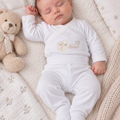 Macacão branco de bebé com ursinhos bordados e texto bebe ao lado de ursinho de peluche e mantas.