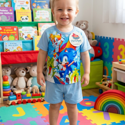 Criança sorridente com roupa azul clara com estampado Sonic e Tails, em quarto com brinquedos e livros infantis.