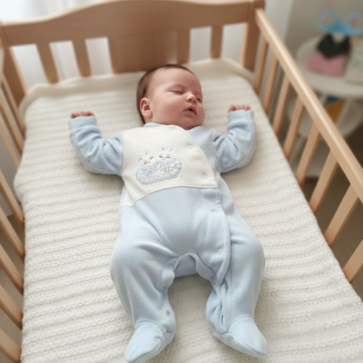 Bebé a dormir num berço de madeira com fato azul claro e branco com coelhos bordados