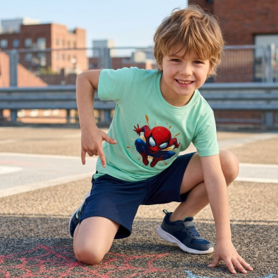 Menino com t-shirt do Homem-Aranha e calções azuis ajoelhado num pavimento com teias de aranha de giz