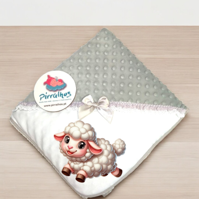 Manta de bebé cinzenta com textura bolinhas e branca com ovelha e laço