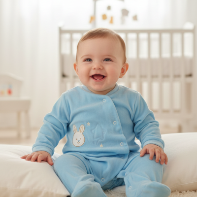 Bebé sorridente com pijama azul em ambiente de quarto de bebé