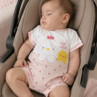 Bebé vestido com fato branco e rosa com desenhos de galinha e pintainho a dormir numa alcofa cinzenta clara