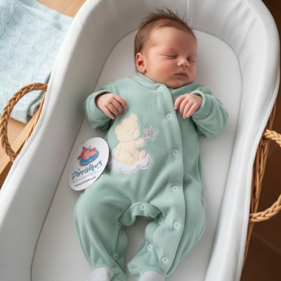Bebé com macacão verde deitado numa alcofa branca