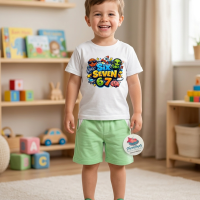 Camisola branca com estampado colorido SIX SEVEN 6 7 em criança com calções verdes e tênis verdes