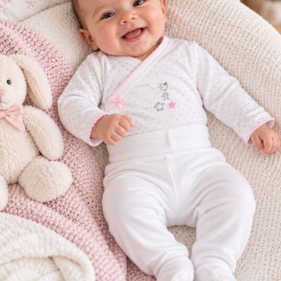 Bebé com babygrow branco com pintas cor de rosa deitado com manta e urso de peluche.