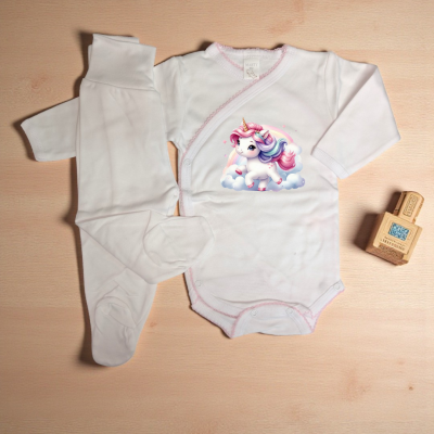 Conjunto de roupa de bebé branco com body de manga comprida estampado e meia-calça