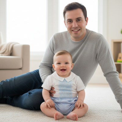 Bebé com macacão branco e azul sentado com adulto atrás no chão de carpete clara em sala com sofá e estante