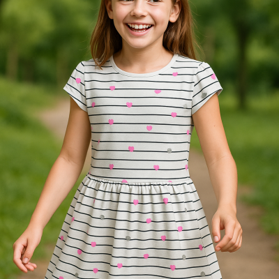 Menina com vestido branco de riscas pretas e corações rosa ao ar livre