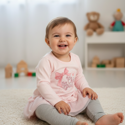 Bebé sorridente vestindo vestido rosa claro com texto e leggings cinzentas sentada em tapete branco
