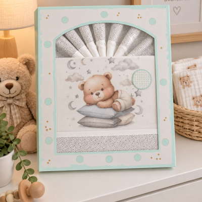Conjunto de fraldas para bebé com desenho de urso em embalagem decorativa.