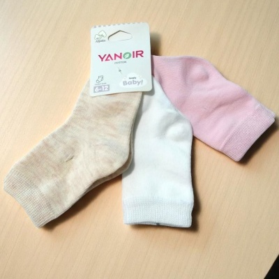 Três meias de bebé YANOIR em algodão, bege, branco e rosa, tamanho 6-12 meses