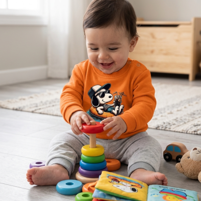 Bebé com camisola laranja a brincar com brinquedos coloridos no chão