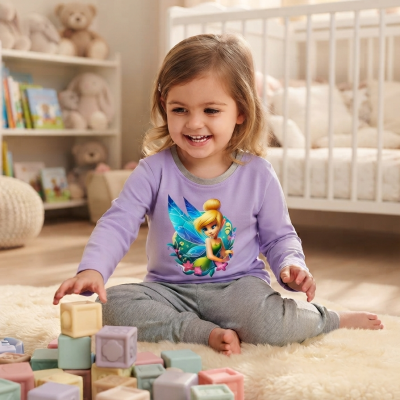 Menina pequena sentada a brincar com blocos de construção coloridos num quarto infantil.