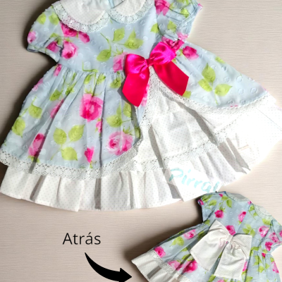 Vestido infantil floral azul com golas e laços brancos e rosa
